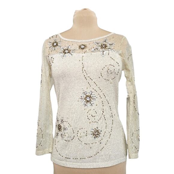 NEW Just B Long sleeve Semi Sheer Upper Beaded Sweater Knit Blouse Medium - Picture 1 of 13